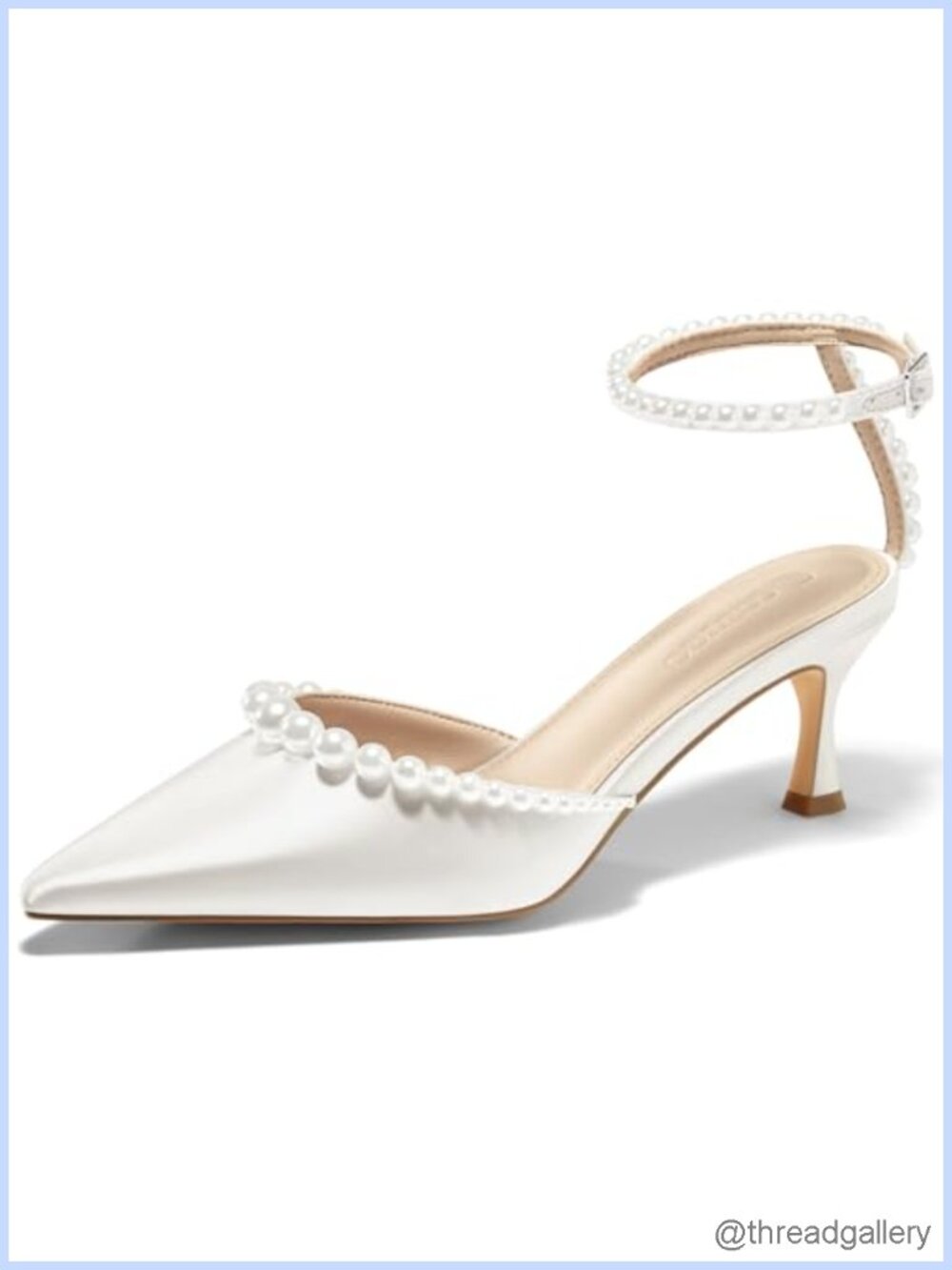Women Satin Pearl Kitten Heel Pointed Toe Ankle Strap Wedding Dress Pumps